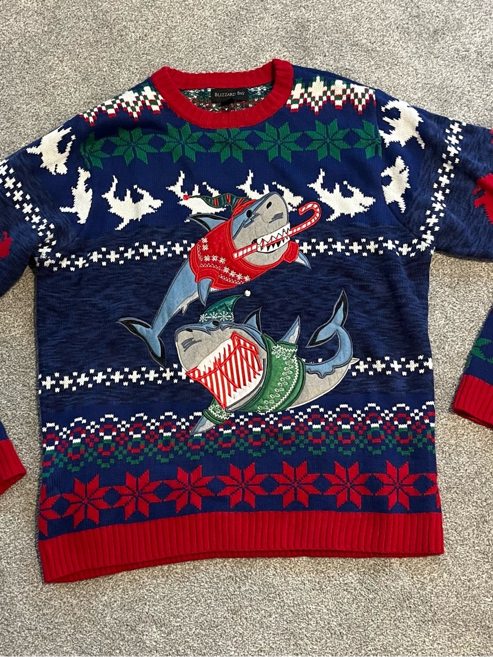 Blizzard Bay Men's Navy Christmas Shark Crewneck Sweater